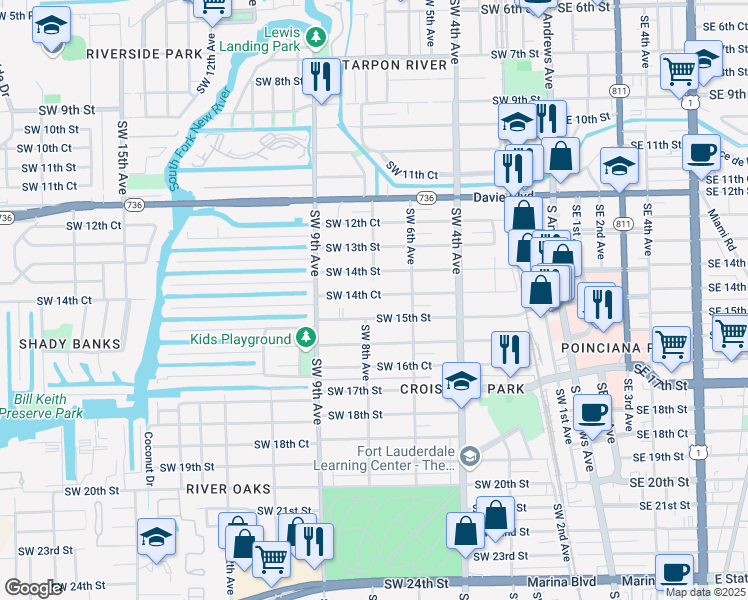 map of restaurants, bars, coffee shops, grocery stores, and more near 733 Southwest 15th Street in Fort Lauderdale