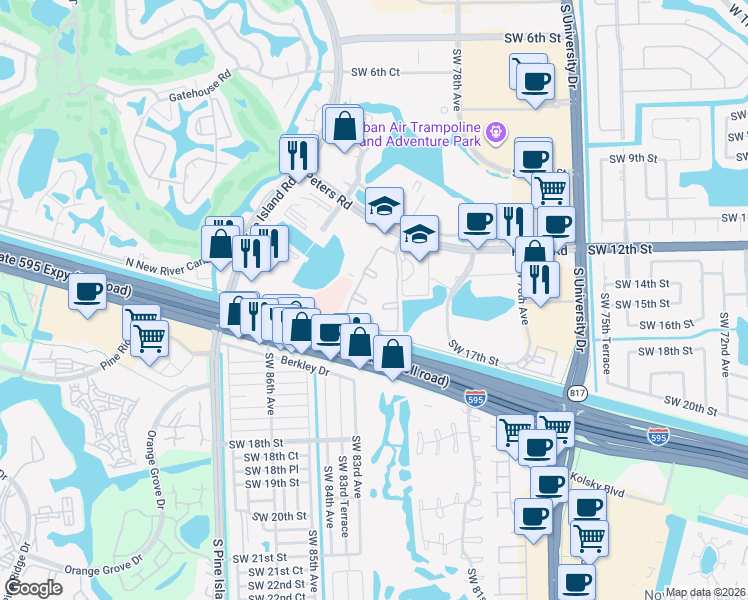 map of restaurants, bars, coffee shops, grocery stores, and more near 8221 Southwest 15th Street in Plantation