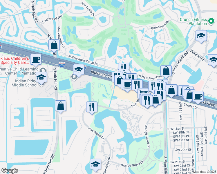 map of restaurants, bars, coffee shops, grocery stores, and more near 9495 Evergreen Place in Davie