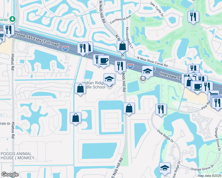 map of restaurants, bars, coffee shops, grocery stores, and more near 1355 South Nob Hill Road in Davie