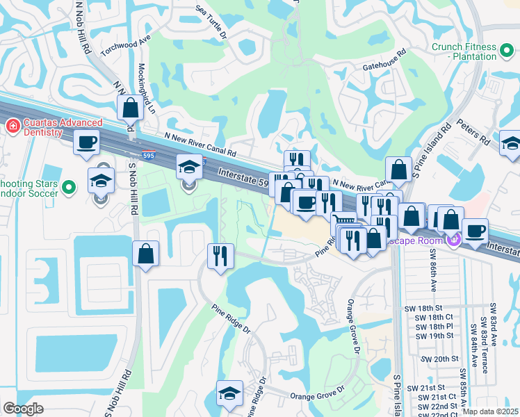 map of restaurants, bars, coffee shops, grocery stores, and more near 9495 Evergreen Place in Davie