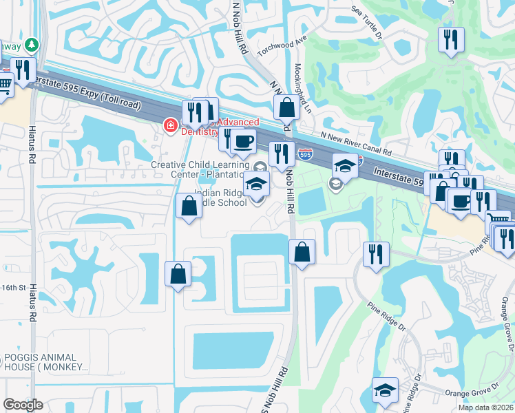 map of restaurants, bars, coffee shops, grocery stores, and more near 1355 South Nob Hill Road in Davie