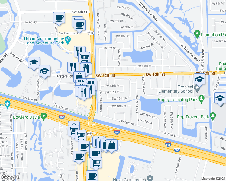 map of restaurants, bars, coffee shops, grocery stores, and more near 7461 Southwest 15th Street in Plantation