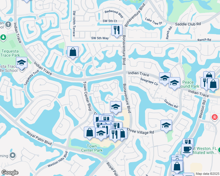 map of restaurants, bars, coffee shops, grocery stores, and more near 1306 Saint Tropez Circle in Weston