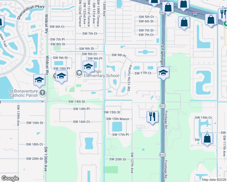 map of restaurants, bars, coffee shops, grocery stores, and more near 12821 Southwest 13th Manor in Davie
