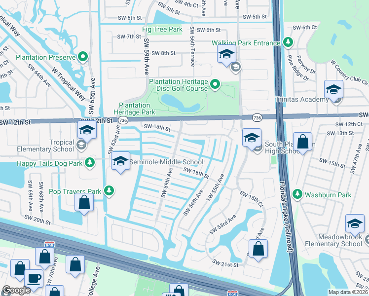 map of restaurants, bars, coffee shops, grocery stores, and more near 5840 Southwest 14th Street in Plantation