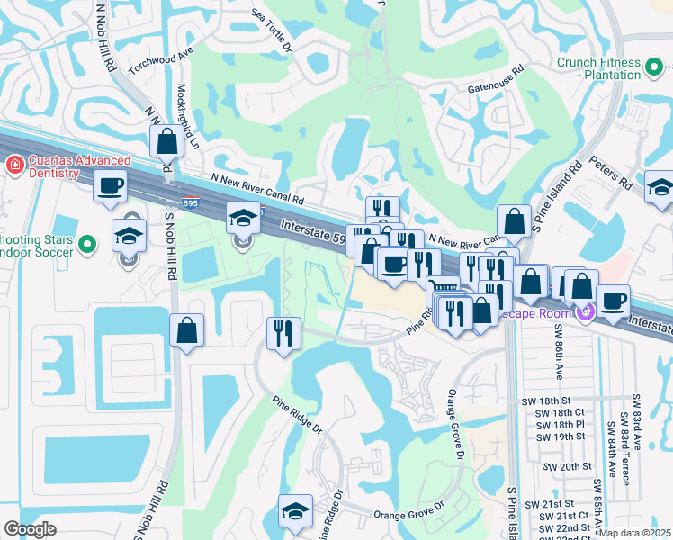 map of restaurants, bars, coffee shops, grocery stores, and more near 9491 Evergreen Place in Davie