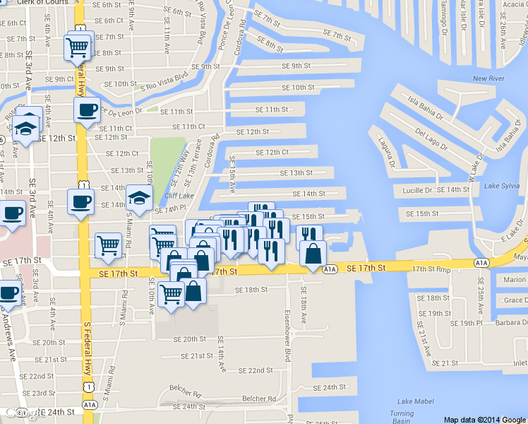 map of restaurants, bars, coffee shops, grocery stores, and more near 1600 Southeast 15th Street in Fort Lauderdale