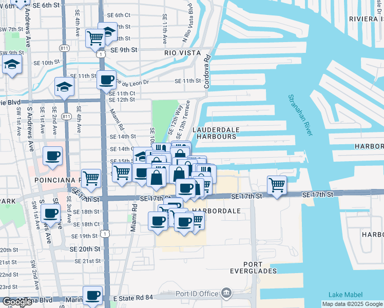 map of restaurants, bars, coffee shops, grocery stores, and more near 1424 Southeast 15th Street in Fort Lauderdale