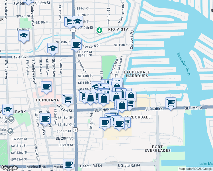 map of restaurants, bars, coffee shops, grocery stores, and more near 1050 Southeast 15th Street in Fort Lauderdale