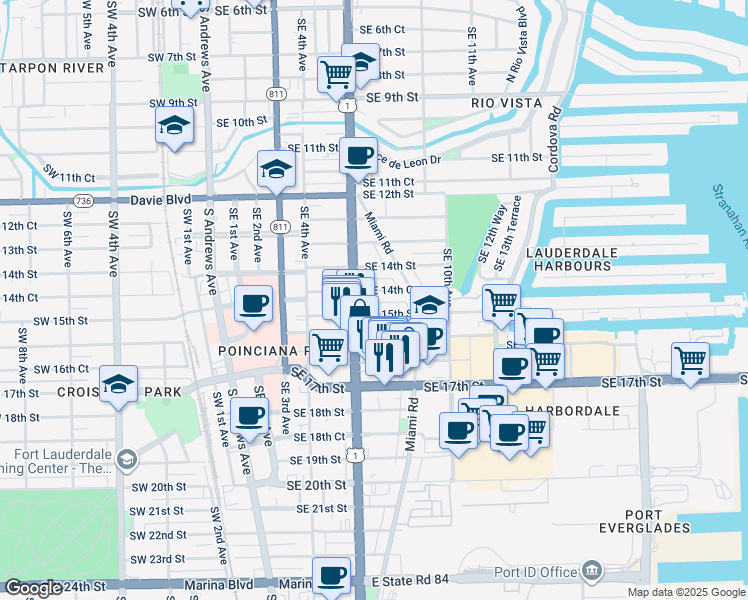 map of restaurants, bars, coffee shops, grocery stores, and more near 630 Southeast 15th Street in Fort Lauderdale