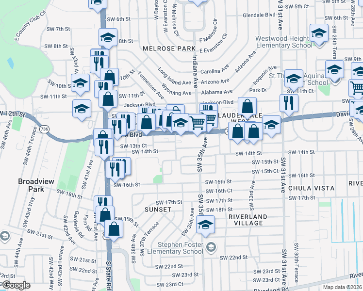 map of restaurants, bars, coffee shops, grocery stores, and more near 3537 Southwest 14th Street in Fort Lauderdale