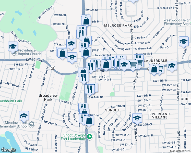 map of restaurants, bars, coffee shops, grocery stores, and more near 3808 Southwest 14th Street in Fort Lauderdale