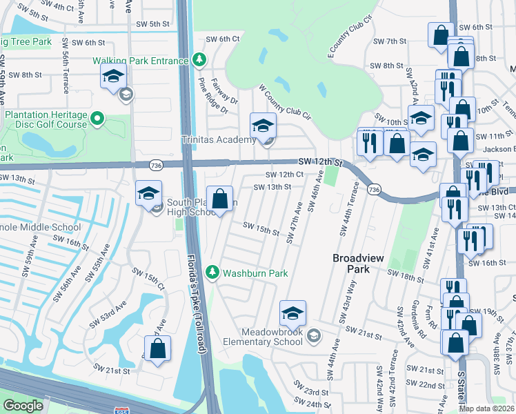 map of restaurants, bars, coffee shops, grocery stores, and more near 1465 Southwest 49th Avenue in Fort Lauderdale