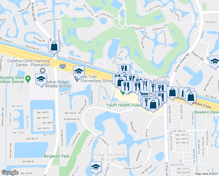 map of restaurants, bars, coffee shops, grocery stores, and more near 9495 Evergreen Place in Davie