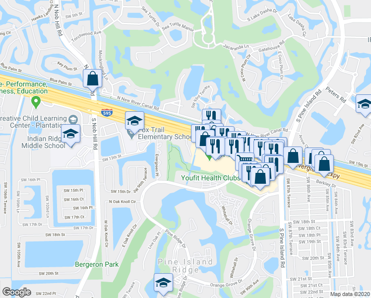map of restaurants, bars, coffee shops, grocery stores, and more near 9495 Evergreen Place in Davie