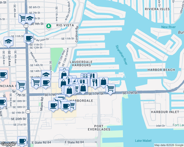 map of restaurants, bars, coffee shops, grocery stores, and more near 1600 Southeast 15th Street in Fort Lauderdale