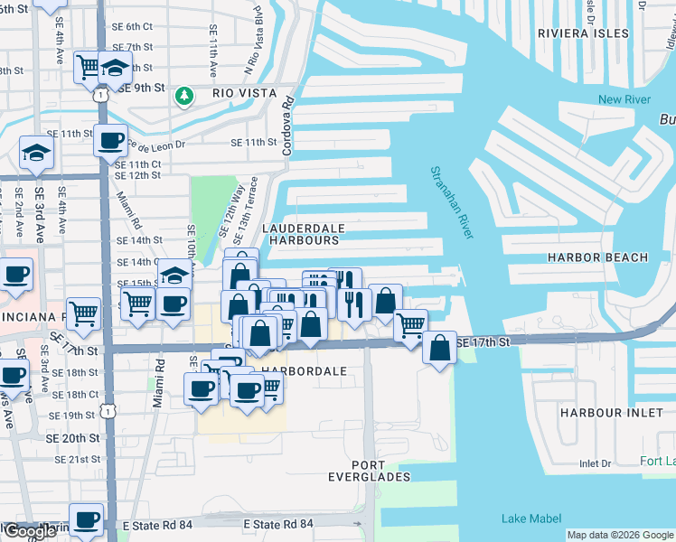 map of restaurants, bars, coffee shops, grocery stores, and more near 1600 Southeast 15th Street in Fort Lauderdale