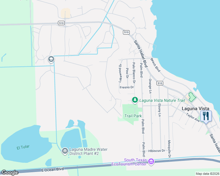 map of restaurants, bars, coffee shops, grocery stores, and more near 58 Lakewood Drive in Laguna Vista