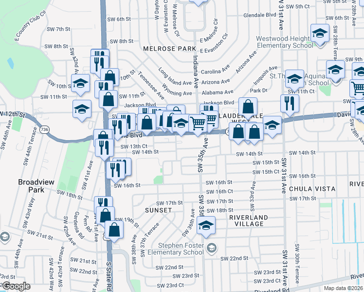 map of restaurants, bars, coffee shops, grocery stores, and more near 3537 Southwest 14th Street in Fort Lauderdale