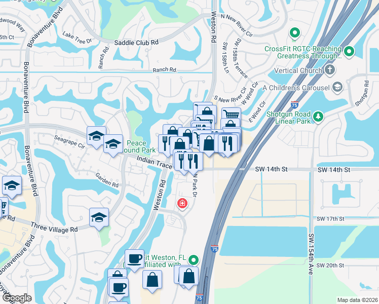 map of restaurants, bars, coffee shops, grocery stores, and more near 1290 Weston Road in Weston