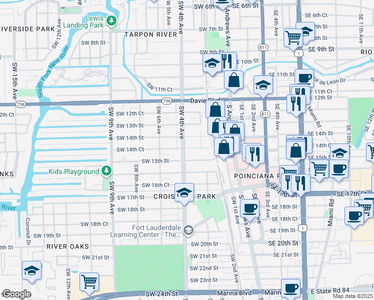 map of restaurants, bars, coffee shops, grocery stores, and more near 395 Southwest 15th Street in Fort Lauderdale