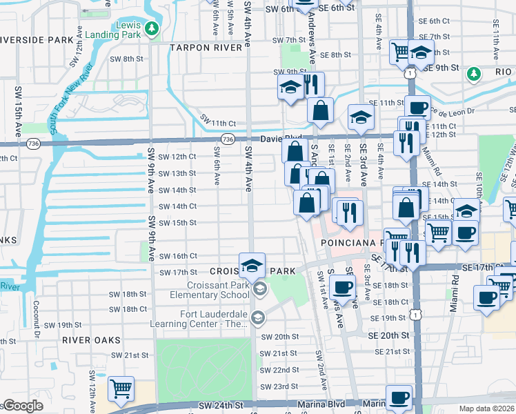 map of restaurants, bars, coffee shops, grocery stores, and more near 395 Southwest 15th Street in Fort Lauderdale
