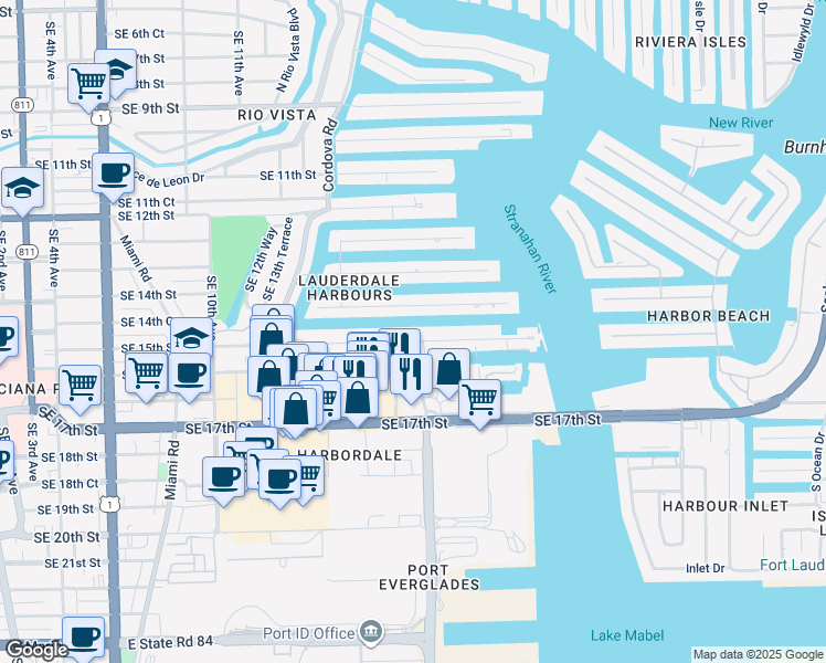 map of restaurants, bars, coffee shops, grocery stores, and more near 1600 Southeast 15th Street in Fort Lauderdale