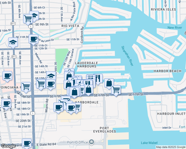 map of restaurants, bars, coffee shops, grocery stores, and more near 1520 Southeast 15th Street in Fort Lauderdale