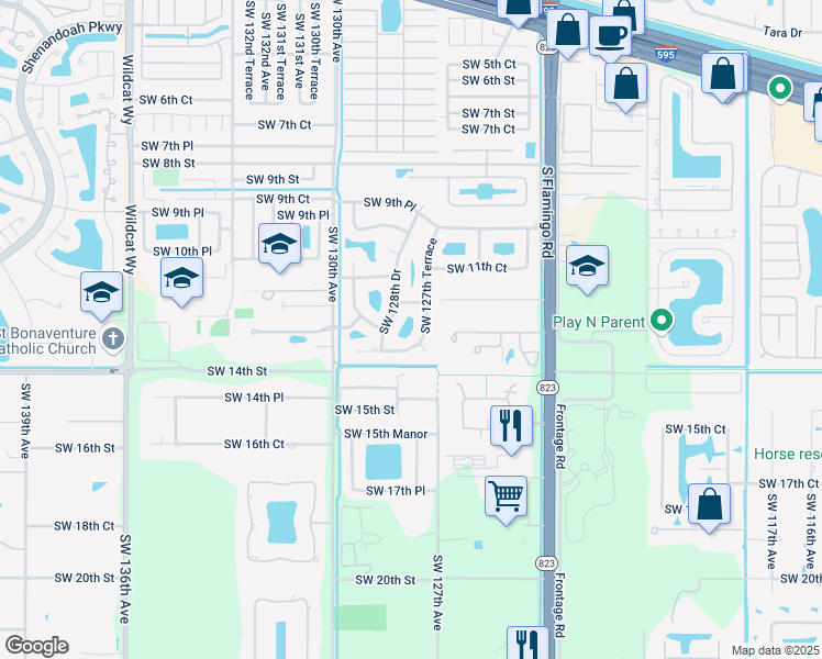 map of restaurants, bars, coffee shops, grocery stores, and more near 12700 Southwest 13th Manor in Davie