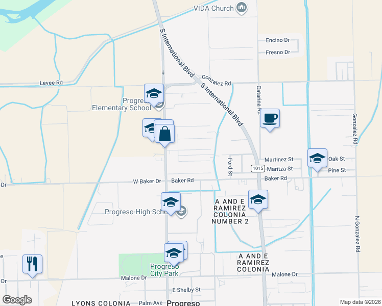 map of restaurants, bars, coffee shops, grocery stores, and more near 320 K Street in Weslaco