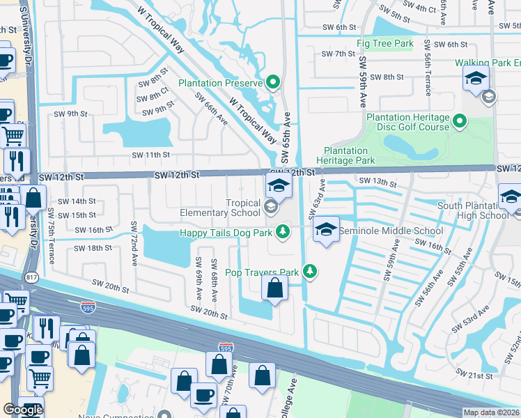 map of restaurants, bars, coffee shops, grocery stores, and more near 6631 Southwest 16th Street in Plantation