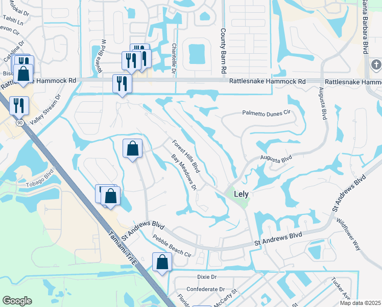 map of restaurants, bars, coffee shops, grocery stores, and more near 337 Forest Hills Boulevard in Naples