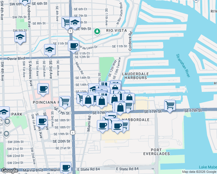 map of restaurants, bars, coffee shops, grocery stores, and more near 1035 Southeast 15th Street in Fort Lauderdale