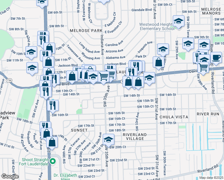 map of restaurants, bars, coffee shops, grocery stores, and more near 3431 Southwest 13th Court in Fort Lauderdale