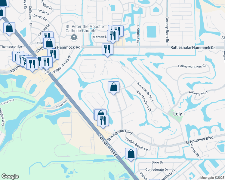 map of restaurants, bars, coffee shops, grocery stores, and more near 190 Pebble Beach Boulevard in Naples