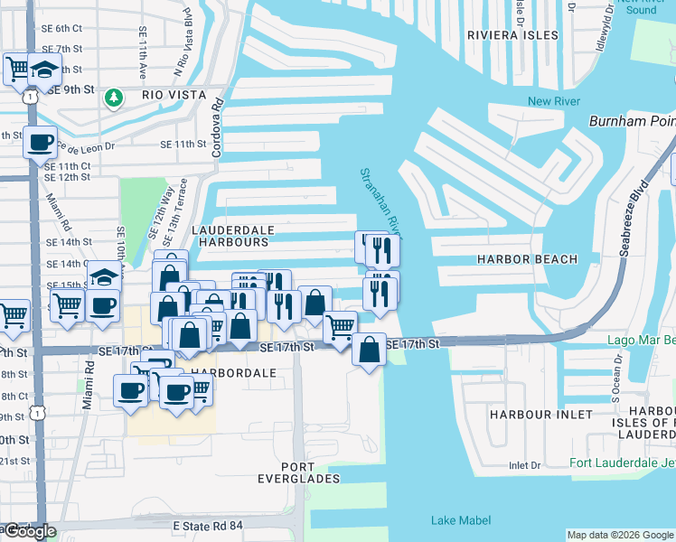 map of restaurants, bars, coffee shops, grocery stores, and more near 1784 Southeast 15th Street in Fort Lauderdale