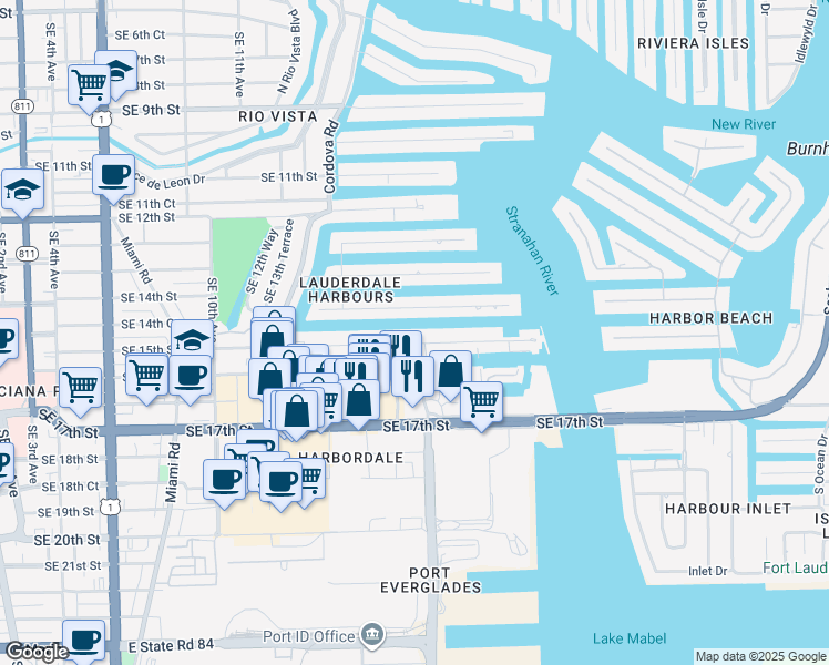 map of restaurants, bars, coffee shops, grocery stores, and more near 1600 Southeast 15th Street in Fort Lauderdale