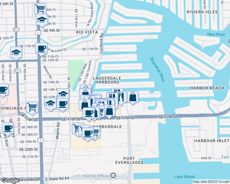 map of restaurants, bars, coffee shops, grocery stores, and more near 1520 Southeast 15th Street in Fort Lauderdale