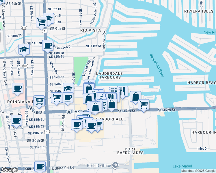 map of restaurants, bars, coffee shops, grocery stores, and more near 1520 Southeast 15th Street in Fort Lauderdale