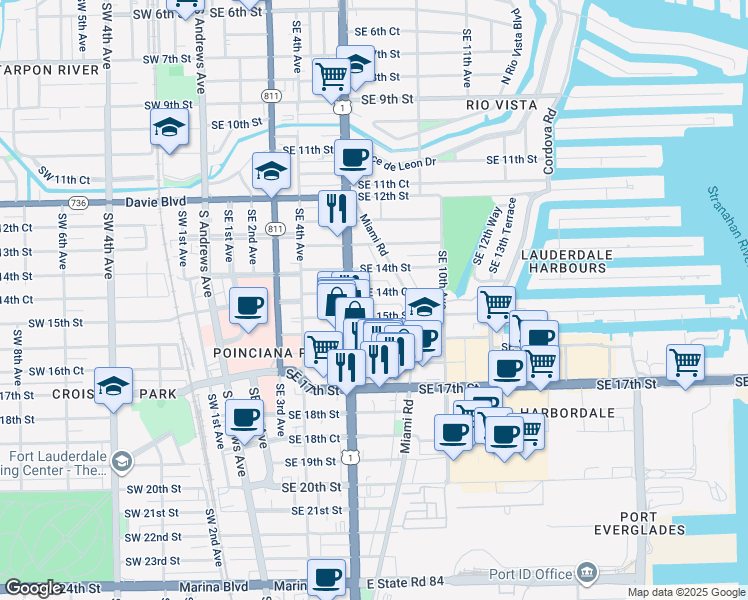 map of restaurants, bars, coffee shops, grocery stores, and more near 630 Southeast 15th Street in Fort Lauderdale