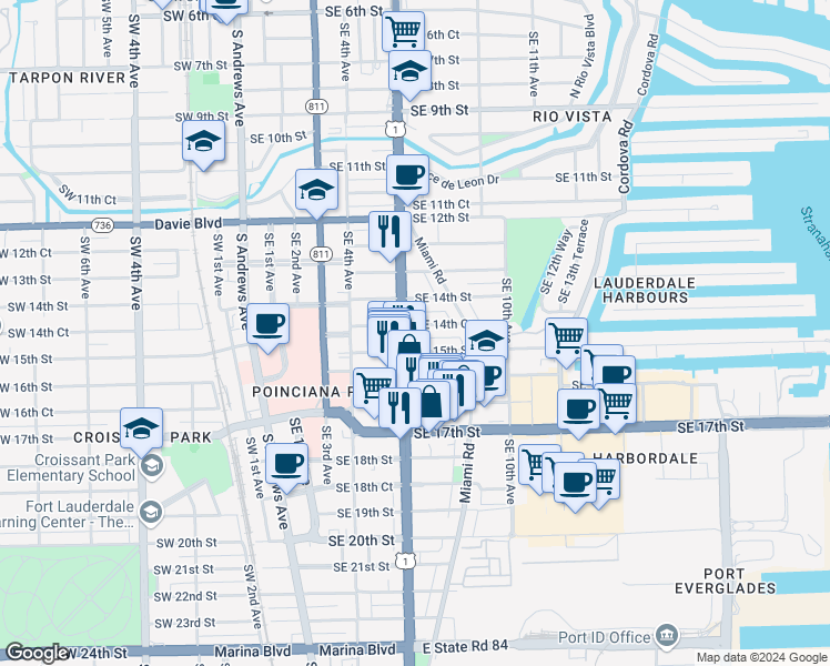 map of restaurants, bars, coffee shops, grocery stores, and more near 630 Southeast 15th Street in Fort Lauderdale