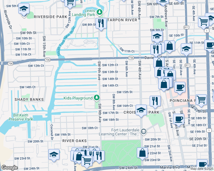 map of restaurants, bars, coffee shops, grocery stores, and more near 1480 Southwest 9th Avenue in Fort Lauderdale