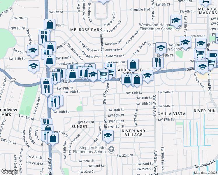 map of restaurants, bars, coffee shops, grocery stores, and more near 3471 Southwest 14th Street in Fort Lauderdale