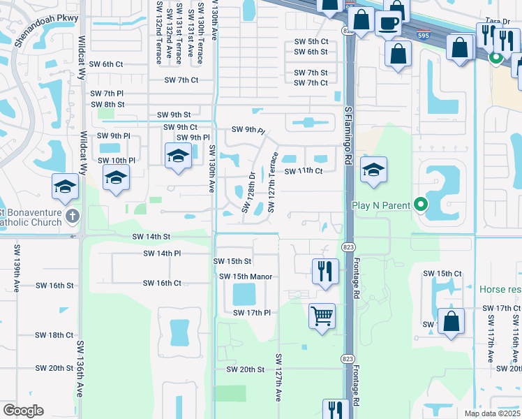 map of restaurants, bars, coffee shops, grocery stores, and more near 12700 Southwest 13th Manor in Davie
