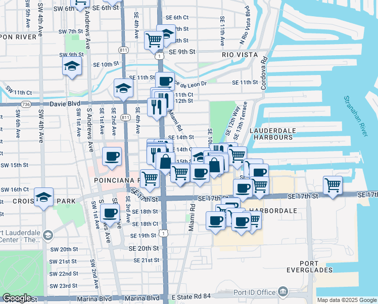 map of restaurants, bars, coffee shops, grocery stores, and more near 1412 Miami Road in Fort Lauderdale