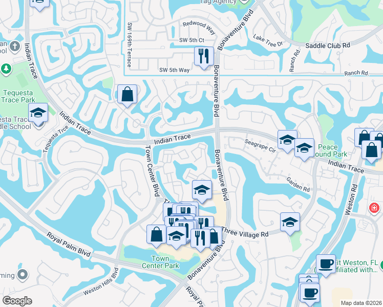 map of restaurants, bars, coffee shops, grocery stores, and more near 1309 Saint Tropez Circle in Weston