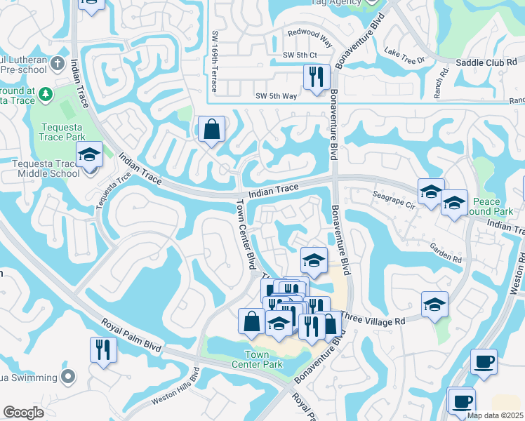 map of restaurants, bars, coffee shops, grocery stores, and more near 2000-2010 Indian Trace in Weston