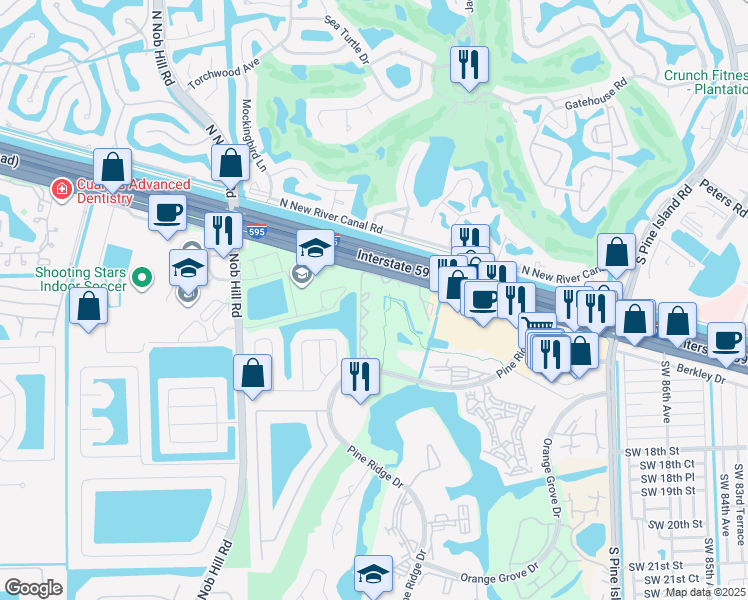 map of restaurants, bars, coffee shops, grocery stores, and more near 9451 Evergreen Place in Davie