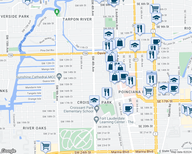 map of restaurants, bars, coffee shops, grocery stores, and more near 322 Southwest 14th Street in Fort Lauderdale
